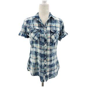 Ryan Michael Womens Small Top Snap Button Roll Tab Plaid Indigo Blue Western